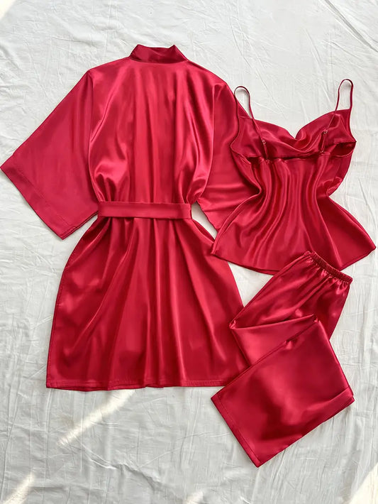 3pcs Pajama Set with Belt (Red)