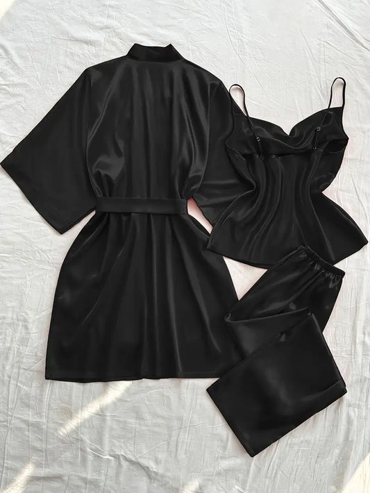 3pcs Pajama Set with Belt (Black)