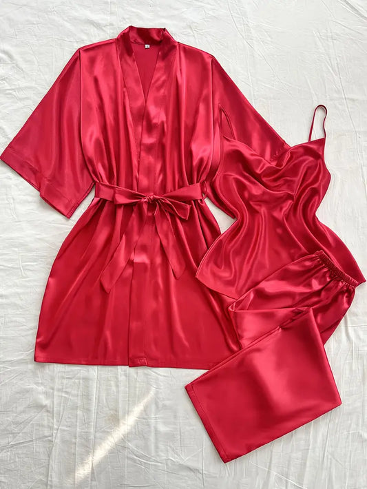 3pcs Pajama Set with Belt (Red)