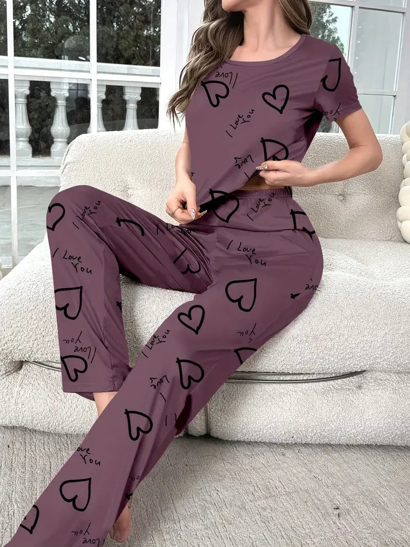 Cozy Heart Print Pajama Set