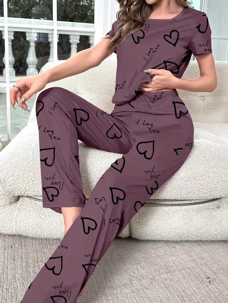 Cozy Heart Print Pajama Set