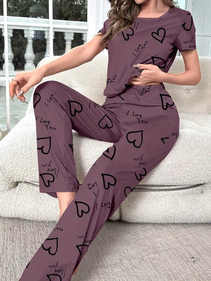 Cozy Heart Print Pajama Set