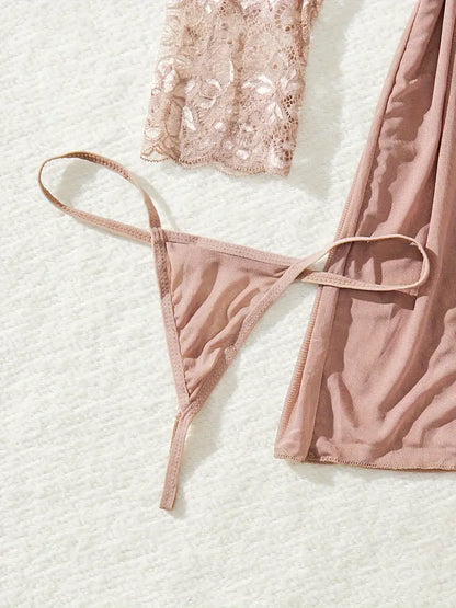 Lace Chemise Nighty (3 PC Set) Pinkish Gray