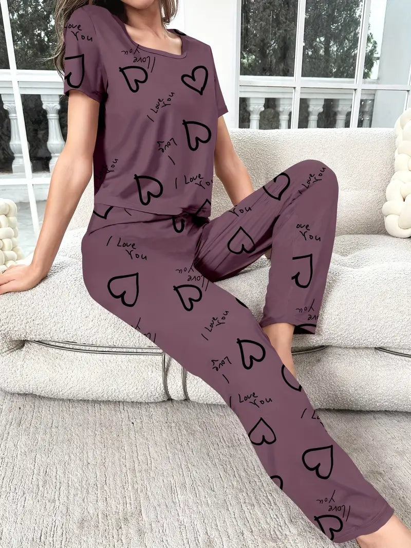 Cozy Heart Print Pajama Set