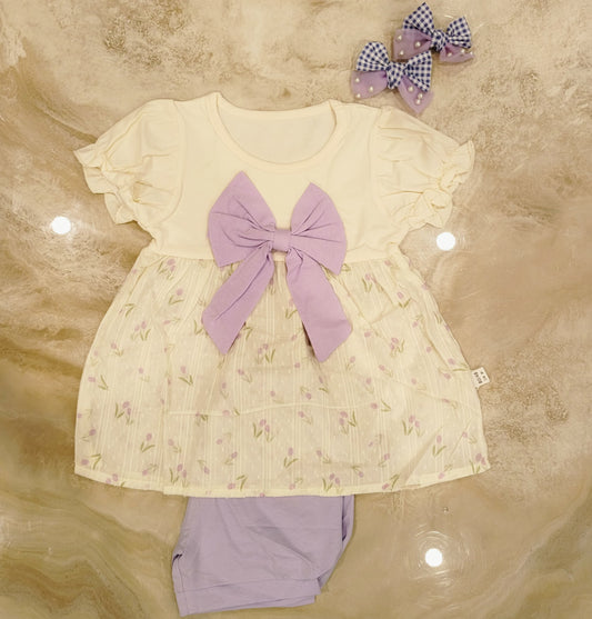Purple Floral Bow Baby Dress Set